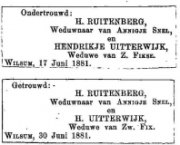 juni 1881. Huwelijk H. Ruitenberg en H. Uiterwijk