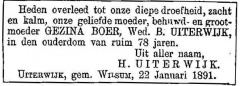 22 januari 1891. Gezina Uiterwijk-Boer.