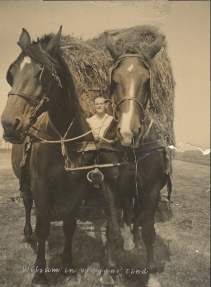 Frederik Heldoorn met paard en hooiwagen.