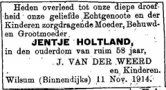 11 november 1914. Jentje van der Weerd-Holtland.